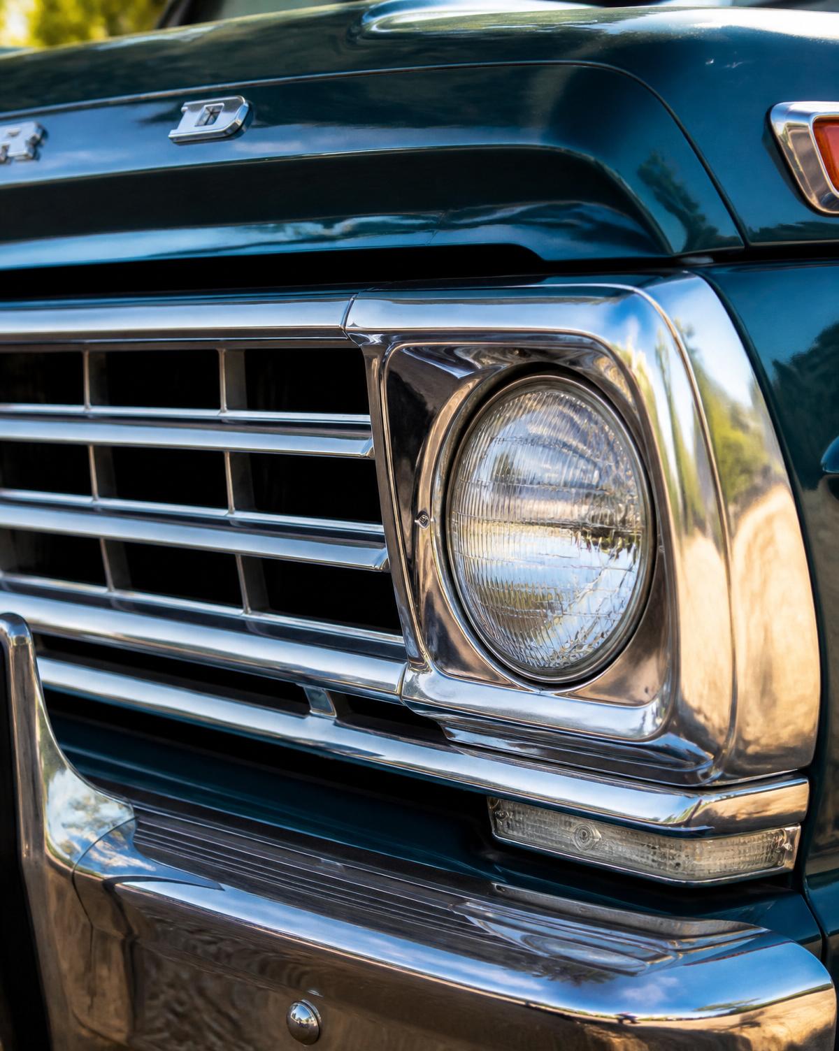 Chrome grille and headlight detail of a classic pickup truck