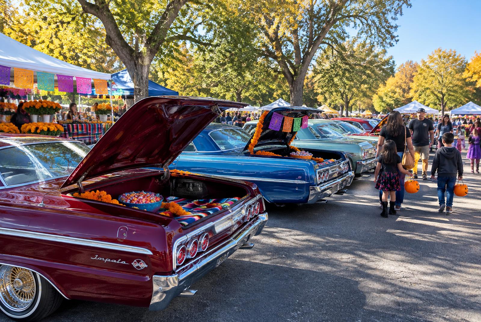 Classic lowriders with open trunks and candy for kids at the market